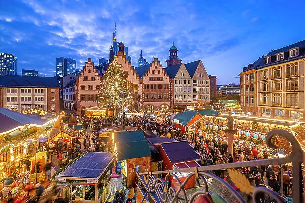 View of Christmas Market on Roemerberg Square from elevated position at dusk, Frankfurt am Main, Hesse, Germany, Europe