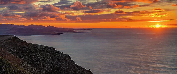 View of coastline, sunset and Atlantic Ocean from Mirador del Rio, Lanzarote, Las Palmas, Canary Islands, Spain, Atlantic, Europe