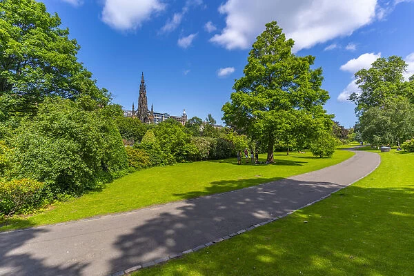 View of East Princes Street Gardens and Scott Monument, Edinburgh, Scotland