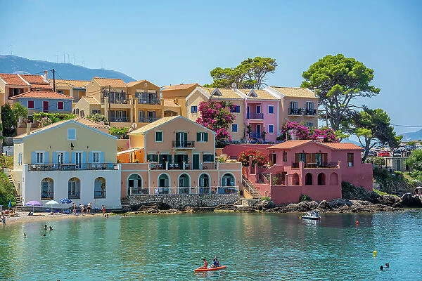 View of harbour and colourful houses in Assos, Assos, Kefalonia, Ionian Islands, Greek Islands, Greece, Europe
