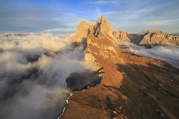 View from helicopter tour or the beautiful Dolomites, Geisler Group, South Tyrol, Italy, Europe