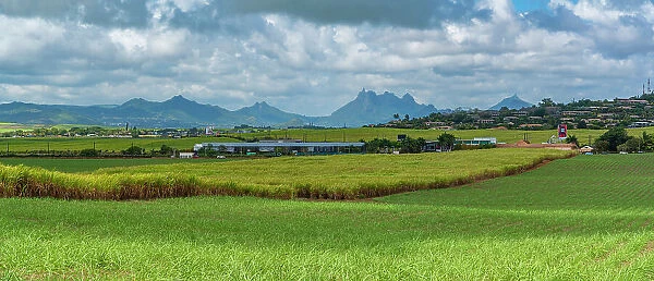 View of landscape and Long Mountain in the interior from near Petit Raffray, Mauritius, Indian Ocean, Africa