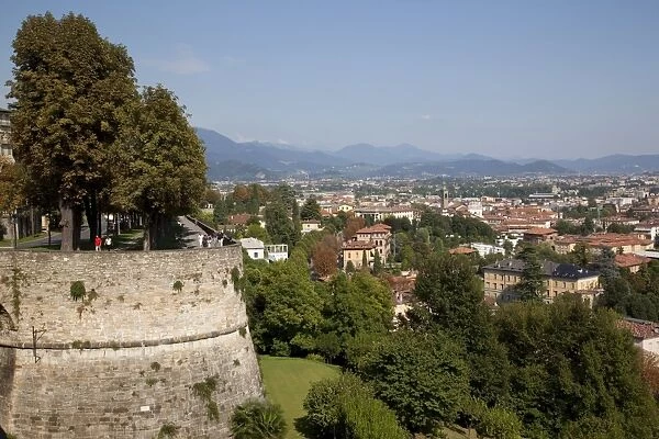 View of Lower Town from Upper Town Wall, Bergamo, Lombardy, Italy, Europe