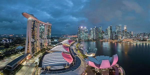 View of Marina Bay Sands and Singapore City skyline at night, Singapore, Southeast Asia, Asia