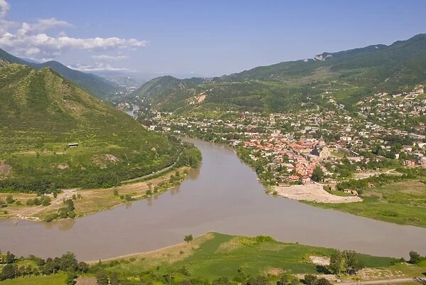 View over the Mtkvari River and Mtskheta, Georgia, Caucasus, Central Asia, Asia