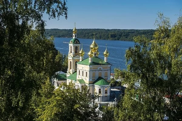 View over an Orthodox church and the Volga River, Plyos, Golden Ring, Russia, Europe