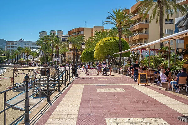 View of promenade and Playa De Santa Eulalia, Santa Eularia des Riu, Ibiza, Balearic Islands, Spain, Mediterranean, Europe