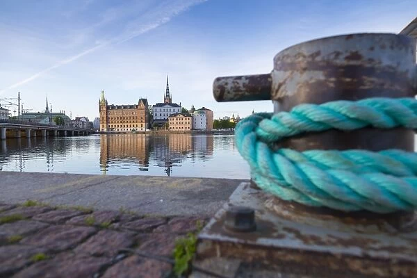 View of Quayside rope and Riddarholmen at dawn from near Town Hall, Stockholm, Sweden