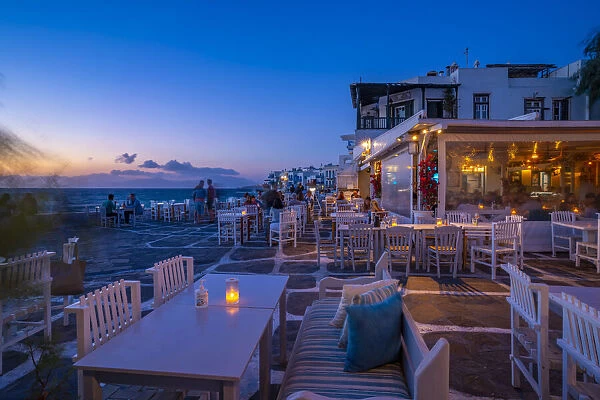 View of restaurants at Little Venice in Mykonos Town at night, Mykonos, Cyclades Islands