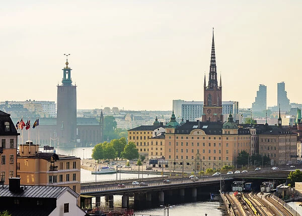 View towards the Riddarholmen Church and City Hall, Stockholm, Stockholm County, Sweden, Scandinavia, Europe