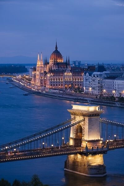 View over River Danube, Chain Bridge and Hungarian Parliament Building at night