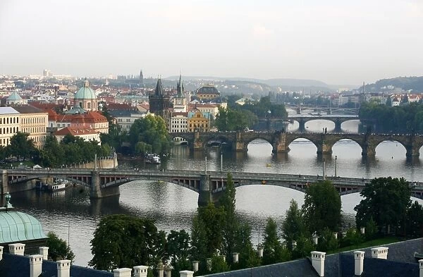 View of the River Vltava and bridges from Letna Hill, Prague, Czech Republic, Europe