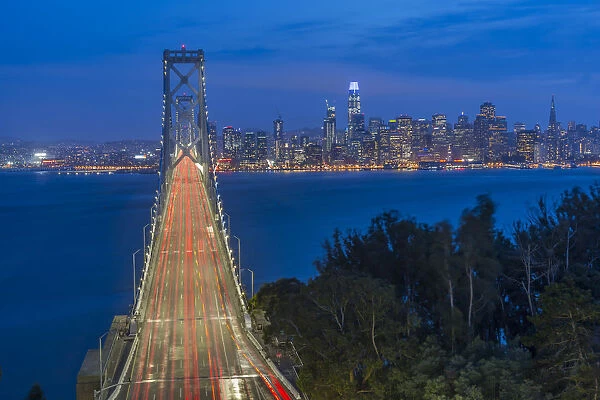 View of San Francisco skyline and Oakland Bay Bridge from Treasure Island at night