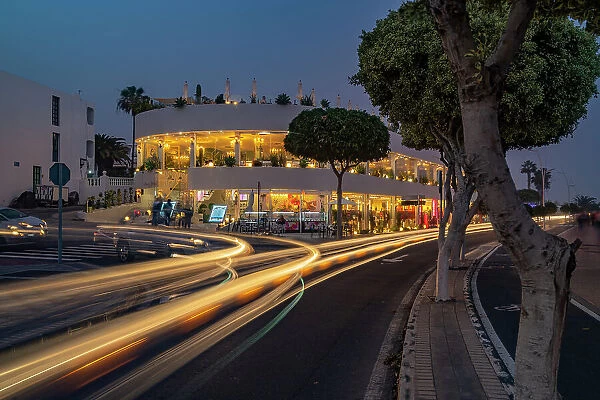 View of shops and bars at dusk, Puerto del Carmen, Lanzarote, Las Palmas, Canary Islands, Spain, Atlantic, Europe