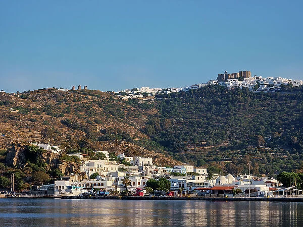 View over Skala towards the Monastery of Saint-John the Theologian and Patmos Chora, Patmos Island, Dodecanese, Greek Islands, Greece, Europe