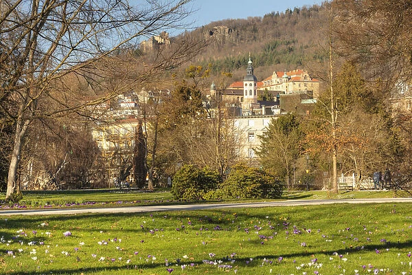 View from spa park to the new castle and Hohenbaden castle ruin, Baden-Baden