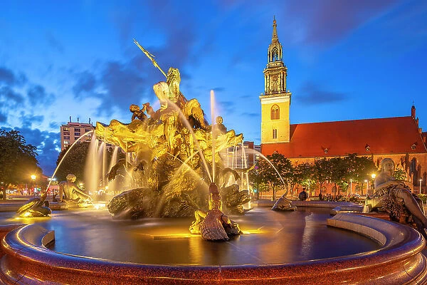 View of St. Mary's Church and Neptunbrunnen fountain at dusk, Panoramastrasse, Berlin, Germany, Europe
