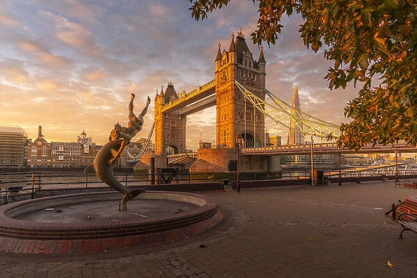 View of Tower Bridge, Girl with Dolphin, The Shard and River Thames at sunrise, London