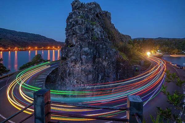 View of trail lights at Baie du Cap from Maconde Viewpoint at dusk, Savanne District, Mauritius, Indian Ocean, Africa