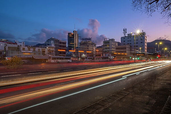 View of trail lights and city skyline in Port Louis at dusk, Port Louis, Mauritius, Indian Ocean, Africa