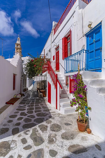 View of whitewashed cobbled street, Mykonos Town, Mykonos, Cyclades Islands