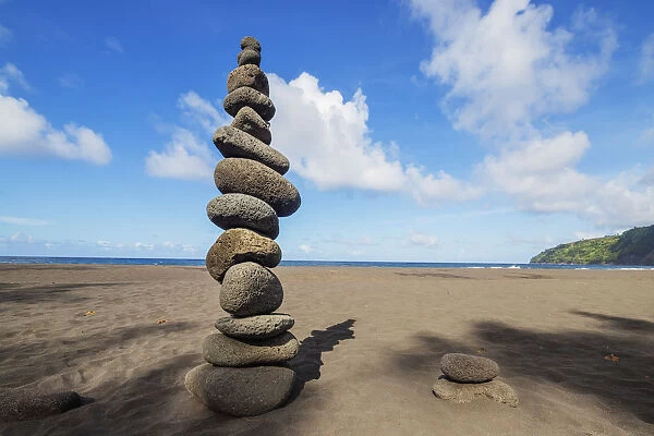 Waipio valley north shore, rocks stacked on the beach, Big Island, Hawaii