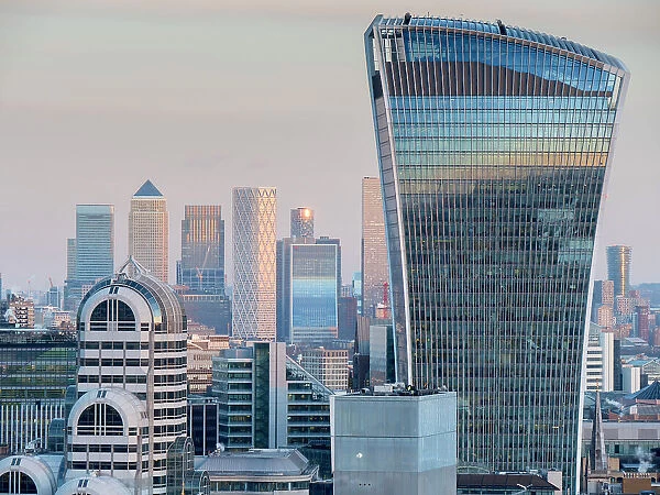 Walkie Talkie Building in the City of London with Canary Wharf beyond, London, England, United Kingdom, Europe