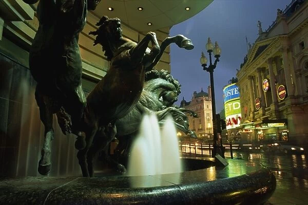 Water fountain with horse statues, Piccadilly Circus, London, England, United Kingdom