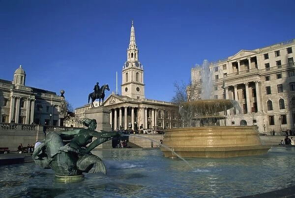 Water fountains, statues and architecture of Trafalgar Square, including St
