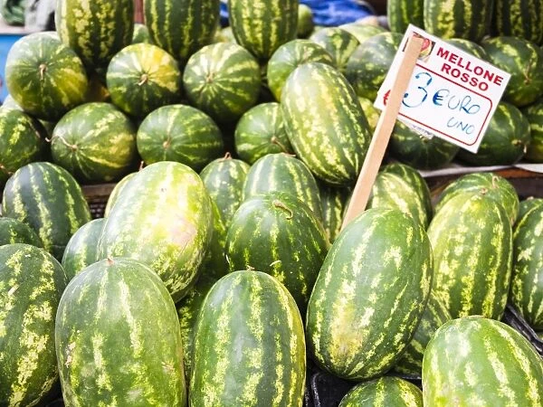 Watermelons for sale at Capo Market, a fruit, vegetable and general food market in Palermo, Sicily, Italy, Europe