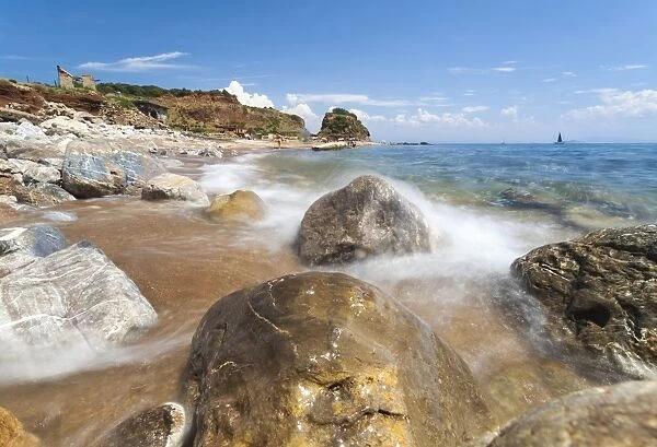 Waves crashing on rocks, Cala Seregola, Capo Pero, Elba Island, Livorno Province
