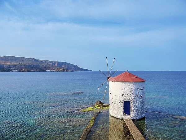 Windmill on the water, elevated view, Agia Marina, Leros Island, Dodecanese, Greek Islands, Greece, Europe