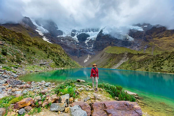 Woman trekking Humantay Lake, Cusco, Peru, South America