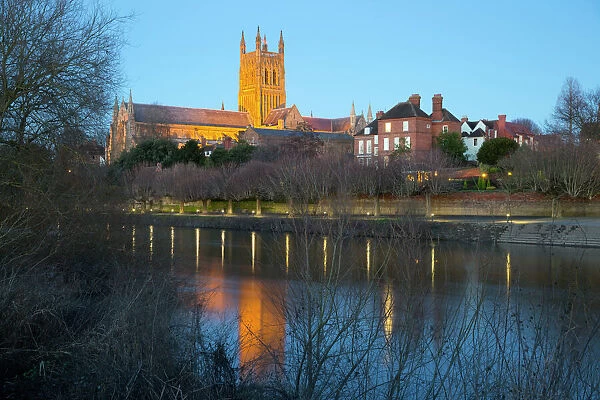 Worcester Cathedral on the River Severn floodlit at dusk, Worcester, Worcestershire, England, United Kingdom, Europe