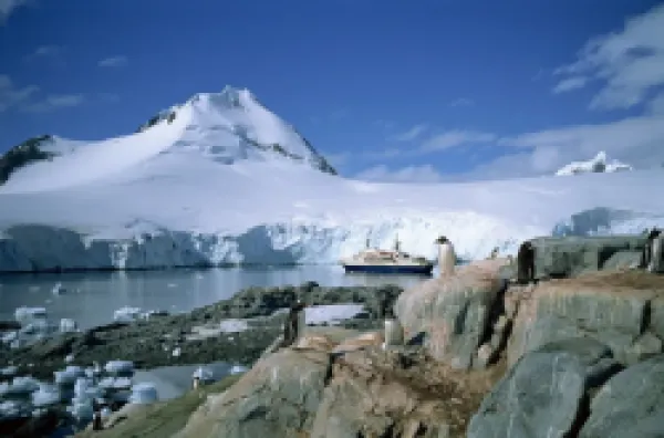 Buy The cruise ship World Discoverer at anchor in Port Lockroy, once a Second World War British Station, now a post office, Antarctic Peninsula, Antarctica, Polar