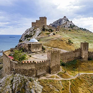 Aerial of the Genoese fortress of Sudak, Crimea, Russia, Europe