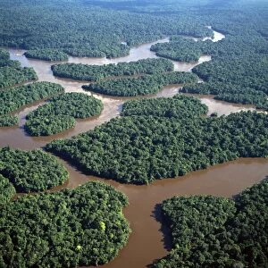 Aerial image of the Lower Mazaruni River with islands of tropical rain forest