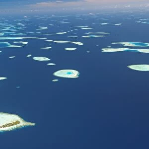 Aerial view of atolls and islands in The Maldives, Indian Ocean, Asia