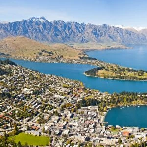Aerial view of Queenstown, Lake Wakatipu and the Remarkable mountains, Otago Region, South Island, New Zealand, Pacific