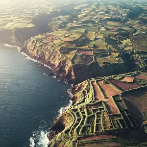 Aerial view of Sao Miguel shores and coastline at sunrise, Azores Islands, Portugal, Atlantic, Europe