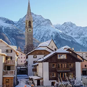 The Alpine village of Sent in winter, Graubunden, Switzerland, Europe