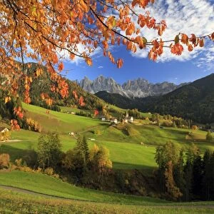Beautiful landscape of the Val di Funes where the main landmark is the Odle / Geisler Dolomite Massif, South Tyrol, Italy, Europe