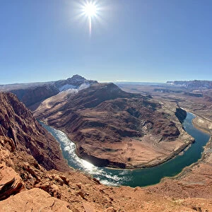 The bend in the Colorado River at Lee's Ferry in Glen Canyon Recreation Area viewed from the plateau at the end of Spencer Trail at Marble Canyon in winter, Arizona, United States of America, North America