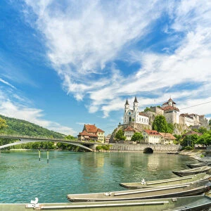 Boats moored in Aare River with Aarburg Castle in background, Aarburg, Canton of Aargau