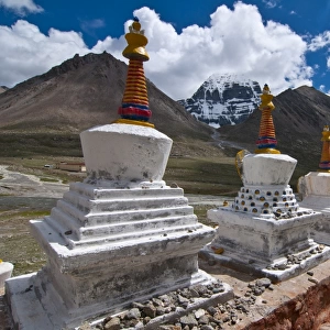 Chortens, prayer stupas below the holy mountain Mount Kailash in Western Tibet