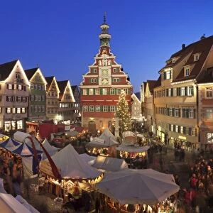 Christmas fair at the marketplace with old town hall and Sankt Dionys church, Esslingen, Baden Wurttemberg, Germany, Europe