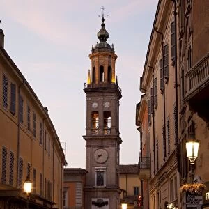 Church and street scene at dusk, Parma, Emilia Romagna, Italy, Europe