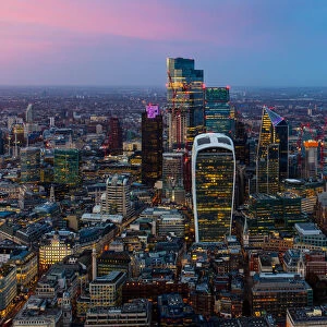 City of London skyscrapers at dusk, including Walkie Talkie building, from above, London