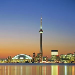 City skyline including CN Tower in the evening, Toronto, Ontario, Canada