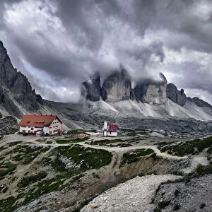 Cloudy day on Locatelli hut and Three Peaks in the Dolomites, Trentino-Alto Adige, Italy